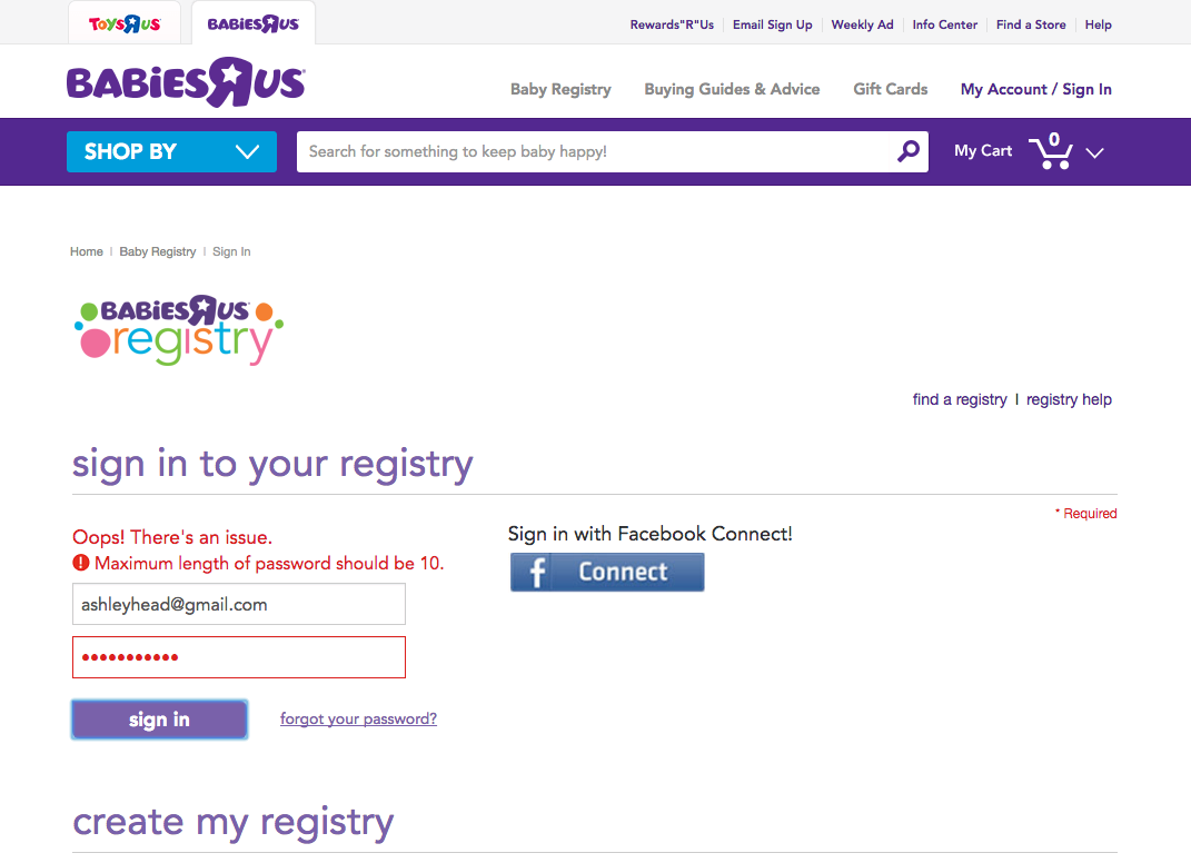 Screenshot of babiesrus.com registry login page