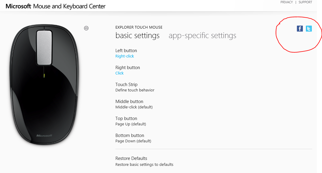 Screenshot of Microsoft Mouse settings screen with social share buttons