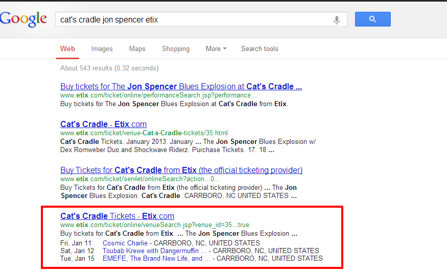 Example of Google search results showing Etix metadata