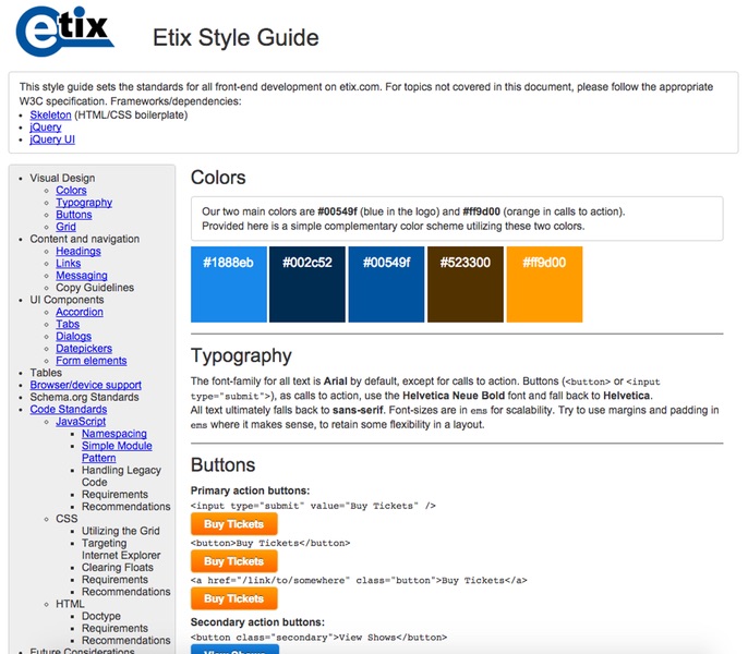 Screenshot of Etix styleguide (1 of 2)