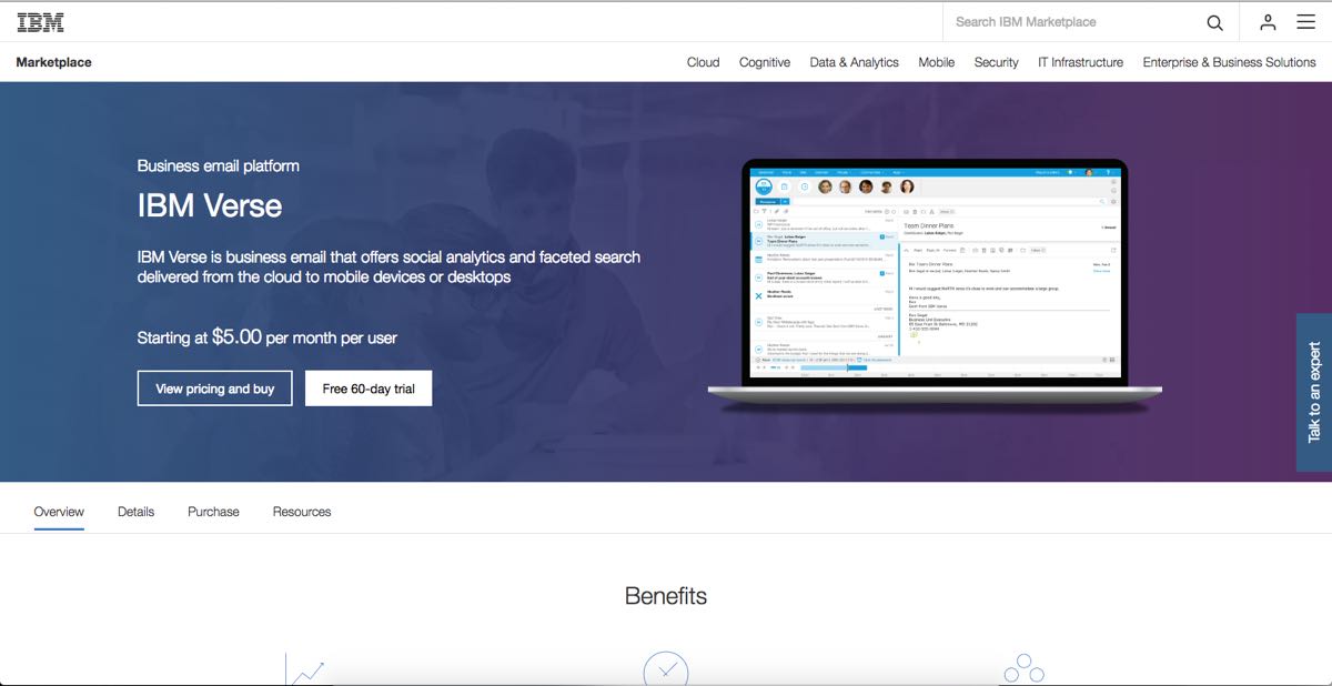 Screenshot of IBM Digital Marketplace product detail page