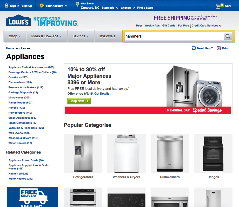 Screenshot of Lowes.com category page