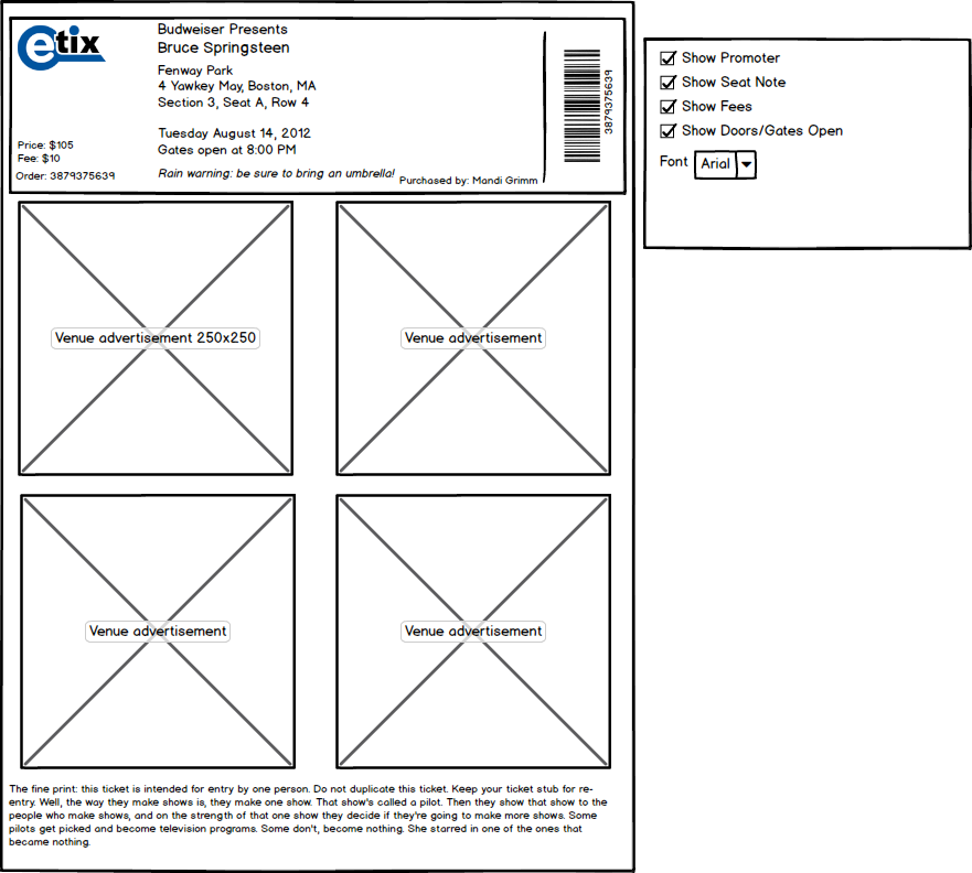 Screenshot of Balsamiq wireframe for a print-at-home ticket